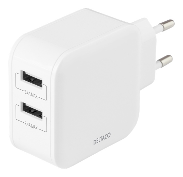 DELTACO USB-seinälaturi, 2x USB-A, 4,8A, 24W, valkoinen ryhmässä ÄLYPUHELIMET JA TABLETIT / Laturit & Kaapelit / Seinälaturi / Seinälaturi USB @ TP E-commerce Nordic AB (A16717)