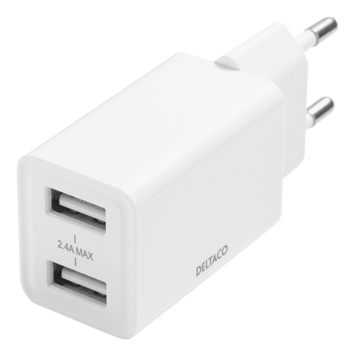 DELTACO USB wall charger, 2x USB-A, 2,4 A, total 12 W, white ryhmässä ÄLYPUHELIMET JA TABLETIT / Laturit & Kaapelit / Seinälaturi / Seinälaturi USB @ TP E-commerce Nordic AB (A17219)