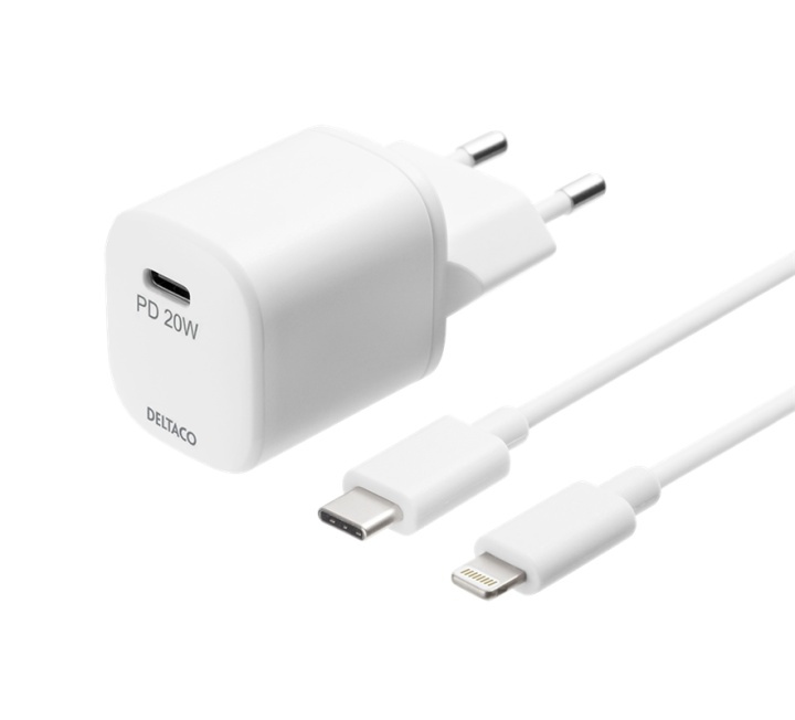 DELTACO USB-seinälaturi, USB-C, PD 20W, sis. Lightning-kaapelin, valk. ryhmässä ÄLYPUHELIMET JA TABLETIT / Laturit & Kaapelit / Seinälaturi / Seinälaturi USB @ TP E-commerce Nordic AB (A17220)