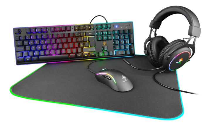 DELTACO GAMING 4in1 RGB-kit, jossa näppäimistö, hiiri, kuulokkeet, hiirimatto ryhmässä TIETOKOONET & TARVIKKEET / Hiiret & Näppäimistöt / Näppäimistöt / Paketti @ TP E-commerce Nordic AB (A17314D)