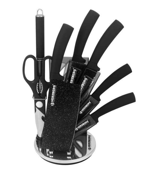 Herzberg 8 Pieces Knife Set with Acrylic Stand - Black Marble ryhmässä KOTI, TALOUS JA PUUTARHA / Keittiövälineet / Keittiöveitset ja veitsenteroittimet @ TP E-commerce Nordic AB (A19976)