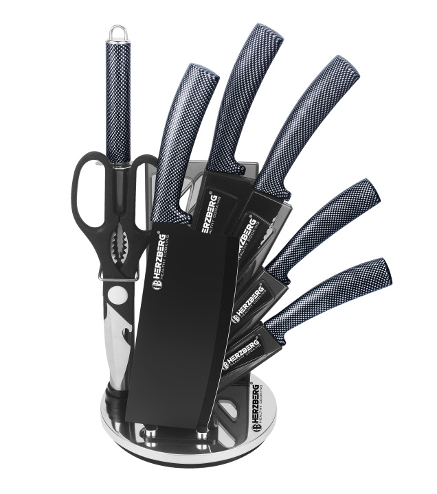 Herzberg 8 Pieces Knife Set with Acrylic Stand - Carbon ryhmässä KOTI, TALOUS JA PUUTARHA / Keittiövälineet / Keittiöveitset ja veitsenteroittimet @ TP E-commerce Nordic AB (A19977)