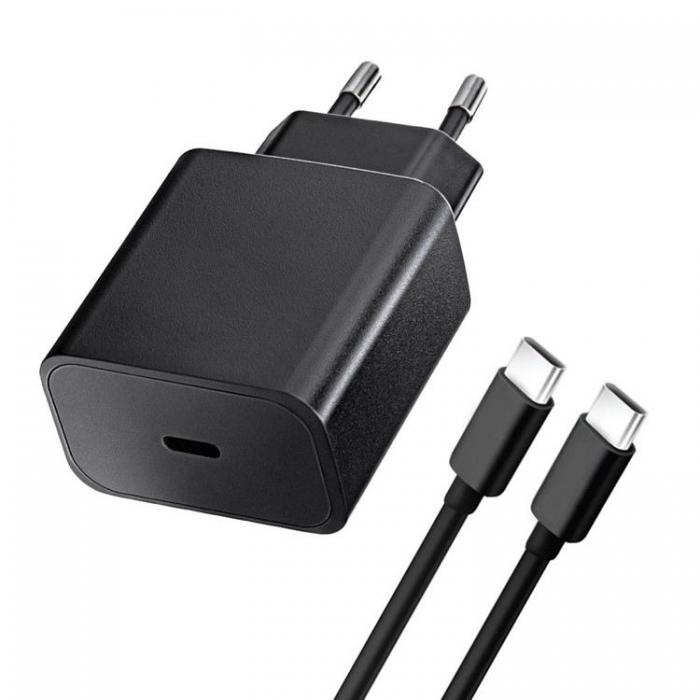 Pikalaturi 25W USB-C ja USB C-C-kaapeli 1 metri, musta ryhmässä ÄLYPUHELIMET JA TABLETIT / Laturit & Kaapelit / Seinälaturi / Seinälaturi Type C @ TP E-commerce Nordic AB (A21138)