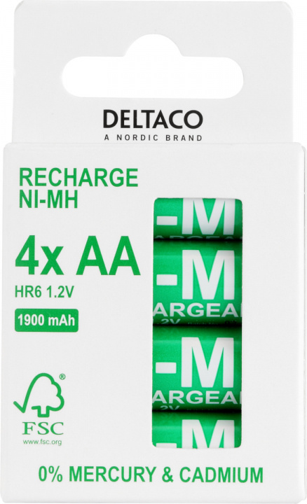 DELTACO Ultimate Ni-Mh rechargeable, LR6/AA, 1900mAh, 4-pack (SG) ryhmässä KODINELEKTRONIIKKA / Paristot & Laturit / Ladattavat paristot / AA @ TP E-commerce Nordic AB (A22963)