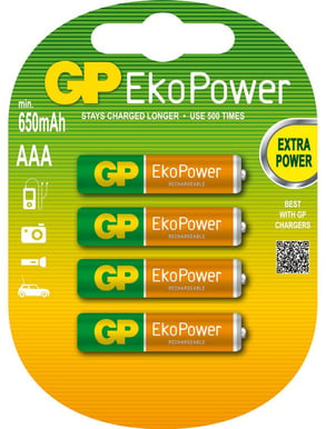 GP Batteri EkoPower AAA 650mAh 4-pack ryhmässä KODINELEKTRONIIKKA / Paristot & Laturit / Akut / AAA @ TP E-commerce Nordic AB (A23029)