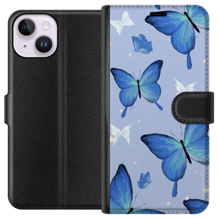 Lompakkokotelo Apple iPhone 14-laitteelle, jossa on Sinisiä perhosia kuvio ryhmässä ÄLYPUHELIMET JA TABLETIT / Puhelimen suojakotelo / Apple / iPhone 14 @ TP E-commerce Nordic AB (A50610)