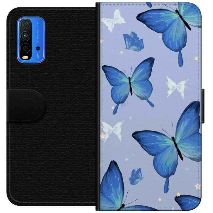 Lompakkokotelo Xiaomi Redmi Note 9 4G-laitteelle, jossa on Sinisiä perhosia kuvio ryhmässä ÄLYPUHELIMET JA TABLETIT / Puhelimen suojakotelo / Xiaomi @ TP E-commerce Nordic AB (A66615)