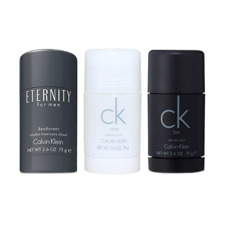 3-pack Calvin Klein Deostick Eternity + CK One + CK Be 75ml ryhmässä KAUNEUS JA TERVEYS / Tuoksut & Parfyymit / Deodorantit / Miesten deodorantit @ TP E-commerce Nordic AB (C00271)