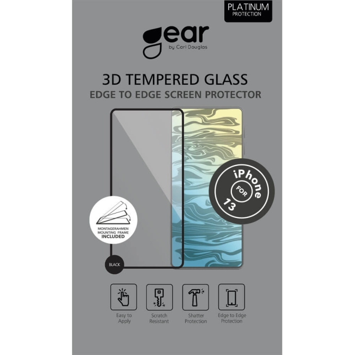 GEAR Glass Prot. Curved Black Frame 3D PLATINUM iPhone 13/13 PRO/14 ryhmässä ÄLYPUHELIMET JA TABLETIT / Puhelimen suojakotelo / Apple / iPhone 13 / Näytönsuoja @ TP E-commerce Nordic AB (C00746)