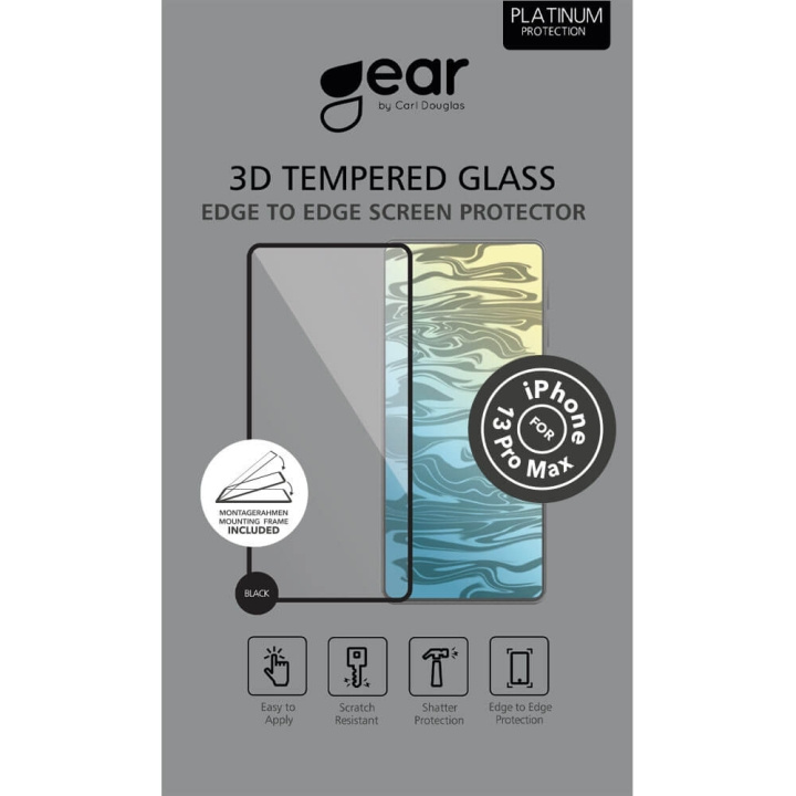GEAR Glass Prot. Curved Black Frame 3D PLATINUM iPhone 13 Pro Max/14 Plus ryhmässä ÄLYPUHELIMET JA TABLETIT / Puhelimen suojakotelo / Apple / iPhone 13 Pro Max / Näytönsuoja @ TP E-commerce Nordic AB (C00748)