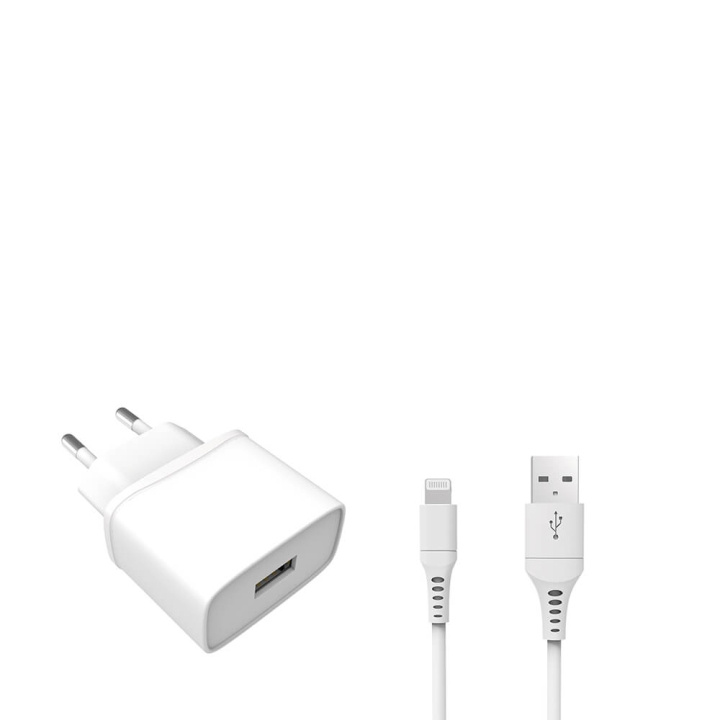 Gear Laturi 220V 1xUSB-A 1A Valkoinen Lightning Johto 1m MFI ryhmässä ÄLYPUHELIMET JA TABLETIT / Laturit & Kaapelit / Seinälaturi / Seinälatruri Lightning @ TP E-commerce Nordic AB (C03732)