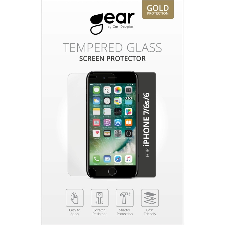 Gear Glass Prot. Flat Case Friendly 2.5D GOLD iPhone6/7/8/SE ryhmässä ÄLYPUHELIMET JA TABLETIT / Puhelimen suojakotelo / Apple / iPhone 8 / Näytönsuoja @ TP E-commerce Nordic AB (C04215)