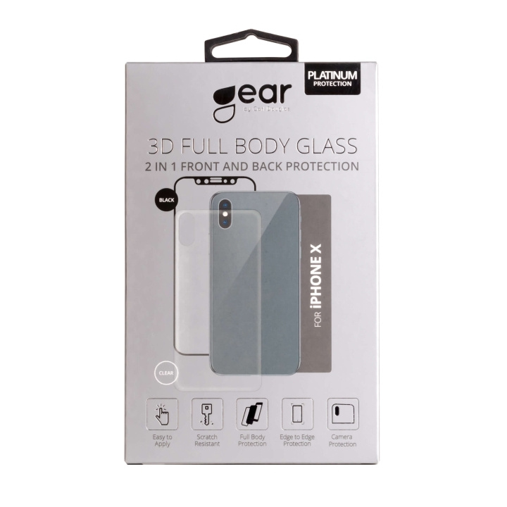 Gear Härdat Glas 3D 2in1 Front & Back iPhone X Edge to Edge Svart med Klar baksida ryhmässä ÄLYPUHELIMET JA TABLETIT / Puhelimen suojakotelo / Apple / iPhone X/XS / Näytönsuoja @ TP E-commerce Nordic AB (C04217)
