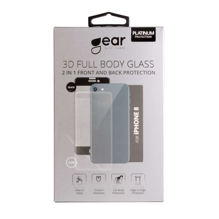 Gear Härdat Glas 3D 2in1 Front & Back iPhone 8 Edge to Edge Svart med Klar baksida ryhmässä ÄLYPUHELIMET JA TABLETIT / Puhelimen suojakotelo / Apple / iPhone 8 / Näytönsuoja @ TP E-commerce Nordic AB (C04218)