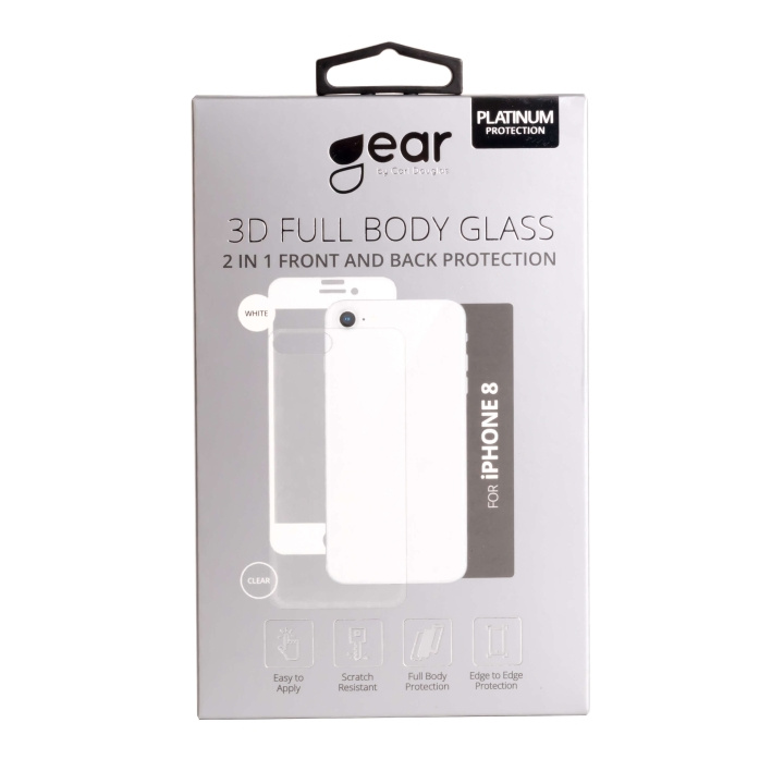 Gear Härdat Glas 3D 2in1 Front & Back iPhone 8 Edge to Edge Vit med Klar baksida ryhmässä ÄLYPUHELIMET JA TABLETIT / Puhelimen suojakotelo / Apple / iPhone 8 / Näytönsuoja @ TP E-commerce Nordic AB (C04219)