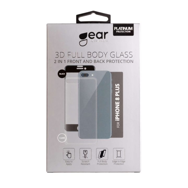 Gear Härdat Glas 3D 2in1 Front & Back iPhone 8 Plus Edge to Edge Svart med Klar baksida ryhmässä ÄLYPUHELIMET JA TABLETIT / Puhelimen suojakotelo / Apple / iPhone 8 Plus / Näytönsuoja @ TP E-commerce Nordic AB (C04220)