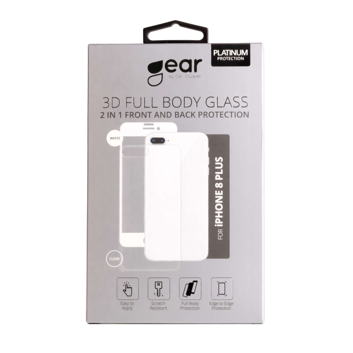Gear Härdat Glas 3D 2in1 Front & Back iPhone 8 Plus Edge to Edge Vit med Klar baksida ryhmässä ÄLYPUHELIMET JA TABLETIT / Puhelimen suojakotelo / Apple / iPhone 8 Plus / Näytönsuoja @ TP E-commerce Nordic AB (C04221)