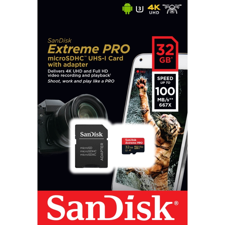 SanDisk MicroSDHC Extreme Pro 32GB 100MB/s A1 C10 V30 UHS-I ryhmässä KODINELEKTRONIIKKA / Tallennusvälineet / Muistikortit / MicroSD/HC/XC @ TP E-commerce Nordic AB (C06636)