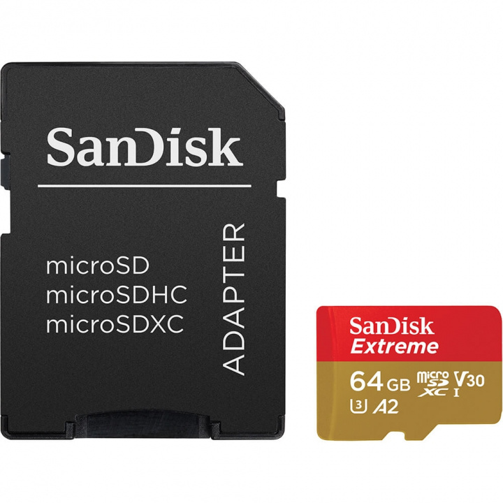 SANDISK MicroSDXC Extreme 64GB Adapter 170MB/s A2 C10 V30 ryhmässä KODINELEKTRONIIKKA / Tallennusvälineet / Muistikortit / MicroSD/HC/XC @ TP E-commerce Nordic AB (C06659)
