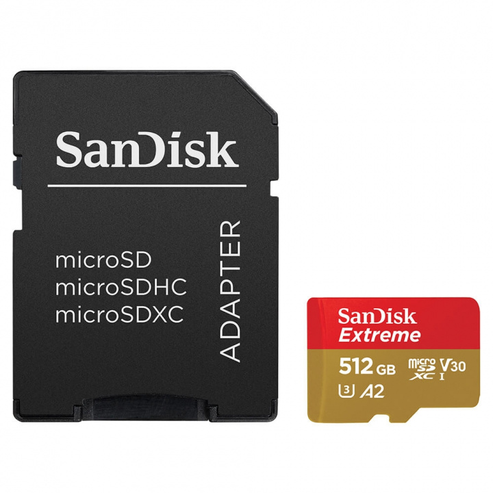 SANDISK MicroSDXC Extreme 512GB Adapter 190MB/s A2 C10 V30 ryhmässä KODINELEKTRONIIKKA / Tallennusvälineet / Muistikortit / MicroSD/HC/XC @ TP E-commerce Nordic AB (C06662)