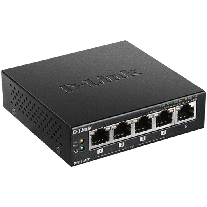 D-Link DGS-1005P 5-Port Gigabit PoE+ ryhmässä TIETOKOONET & TARVIKKEET / Verkko / Kytkimet @ TP E-commerce Nordic AB (C08621)