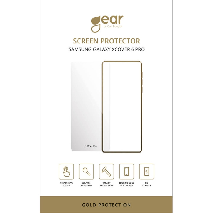GEAR Glass Prot. Flat Case Friendly 2.5D GOLD Samsung Galaxy Xcover 6 Pro ryhmässä ÄLYPUHELIMET JA TABLETIT / Puhelimen suojakotelo / Samsung @ TP E-commerce Nordic AB (C11828)
