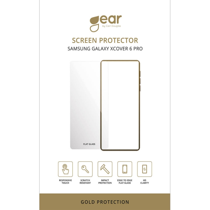 Gear Glass Prot. Flat Case Friendly 2.5D GOLD Samsung Galaxy Xcover 6 Pro/7/7 Pro ryhmässä ÄLYPUHELIMET JA TABLETIT / Puhelimen suojakotelo / Samsung @ TP E-commerce Nordic AB (C11828)