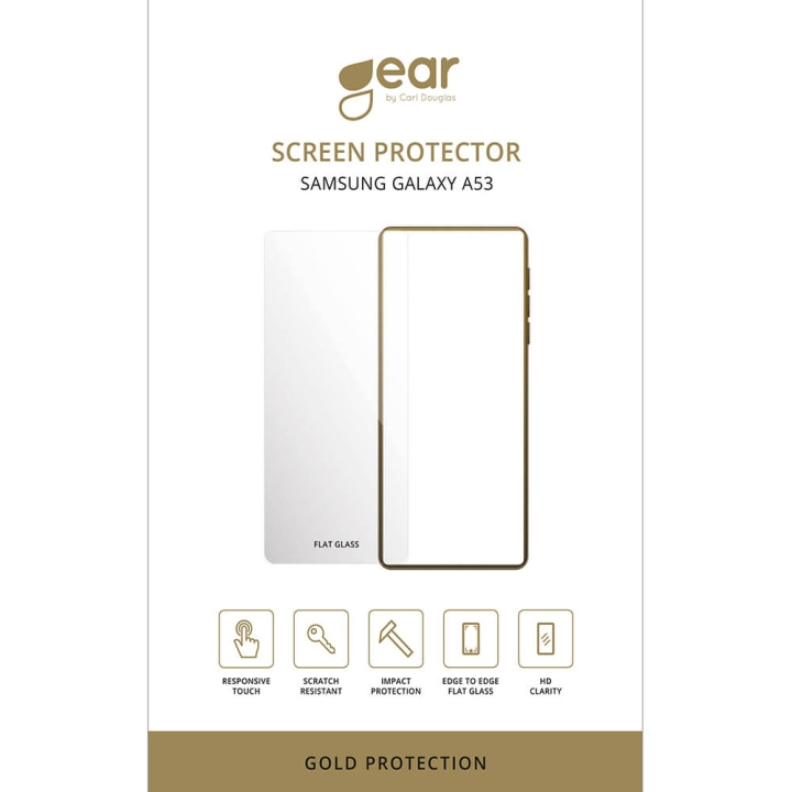 GEAR Glass Prot. Flat Case Friendly 2.5D GOLD Samsung Galaxy A53 5G ryhmässä ÄLYPUHELIMET JA TABLETIT / Puhelimen suojakotelo / Samsung @ TP E-commerce Nordic AB (C11831)