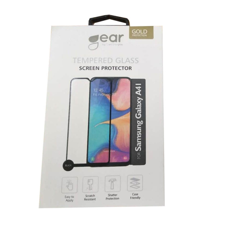 GEAR Glass Prot. Flat Case Friendly 2.5D GOLD Samsung A41 ryhmässä ÄLYPUHELIMET JA TABLETIT / Puhelimen suojakotelo / Samsung @ TP E-commerce Nordic AB (C12438)