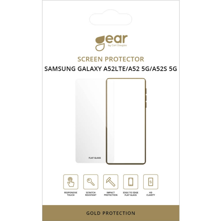 GEAR Glass Prot. Flat Case Friendly 2.5D GOLD Samsung A52 LTE/A52 5G/A52S 5G ryhmässä ÄLYPUHELIMET JA TABLETIT / Puhelimen suojakotelo / Samsung @ TP E-commerce Nordic AB (C12444)