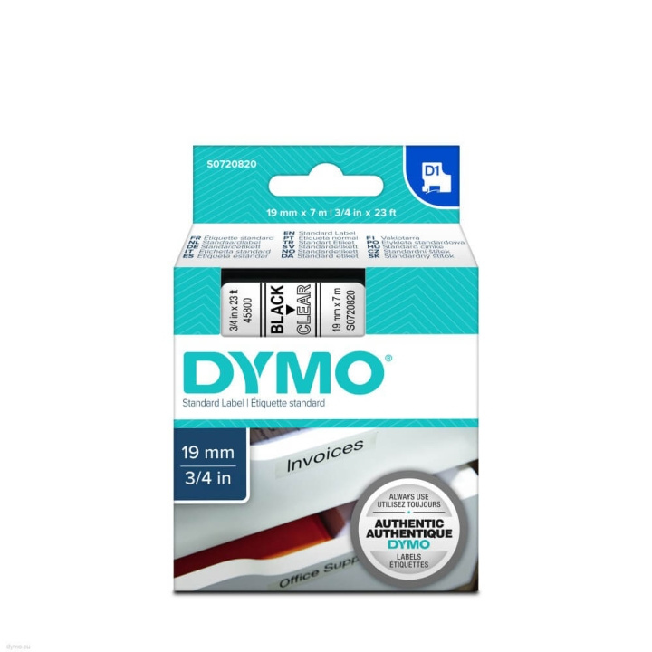 DYMO Ribbon S0720820 45800 19mm Black on Clear ryhmässä TIETOKOONET & TARVIKKEET / Tulostimet & Tarvikkeet / Tulostimet / Tarratulostimet & Tarvikkeet / Teippi @ TP E-commerce Nordic AB (C12704)