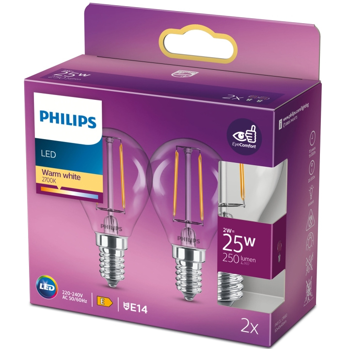 Philips 2-pack LED E14 Klot 2W (25W) Klar 250lm ryhmässä KODINELEKTRONIIKKA / Valaistus / LED-lamput @ TP E-commerce Nordic AB (C13203)
