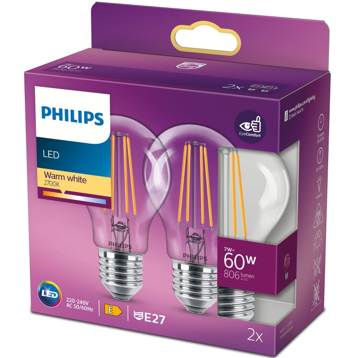 Philips 2-pack LED E27 Normal 7W (60W) Klar 806lm ryhmässä KODINELEKTRONIIKKA / Valaistus / LED-lamput @ TP E-commerce Nordic AB (C13204)
