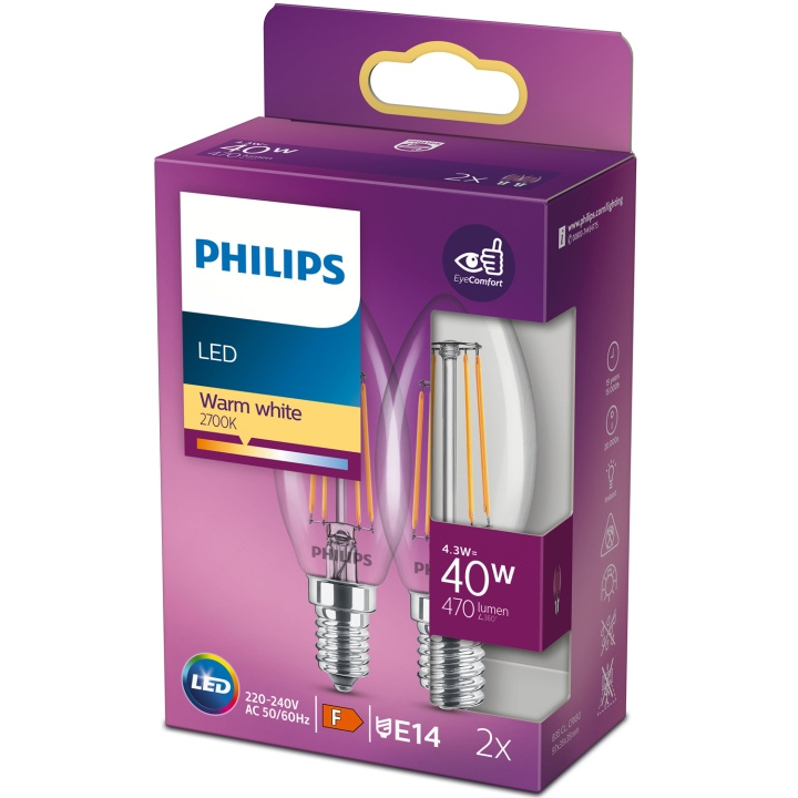 Philips 2-pack LED E14 Kron 4,3W (40W) Klar 470lm ryhmässä KODINELEKTRONIIKKA / Valaistus / LED-lamput @ TP E-commerce Nordic AB (C13205)