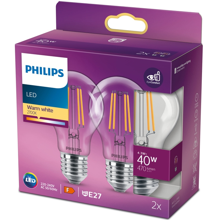 Philips 2-pack LED E27 Normal 4,3W (40W) Klar 470lm ryhmässä KODINELEKTRONIIKKA / Valaistus / LED-lamput @ TP E-commerce Nordic AB (C13206)