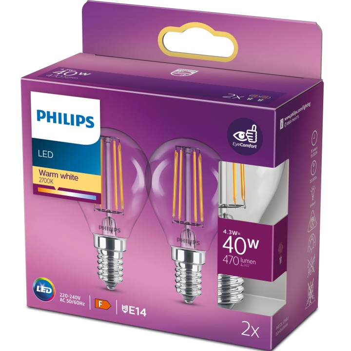 Philips 2-pack LED E14 Klot 4,3W (40W) Klar 250lm ryhmässä KODINELEKTRONIIKKA / Valaistus / LED-lamput @ TP E-commerce Nordic AB (C13207)