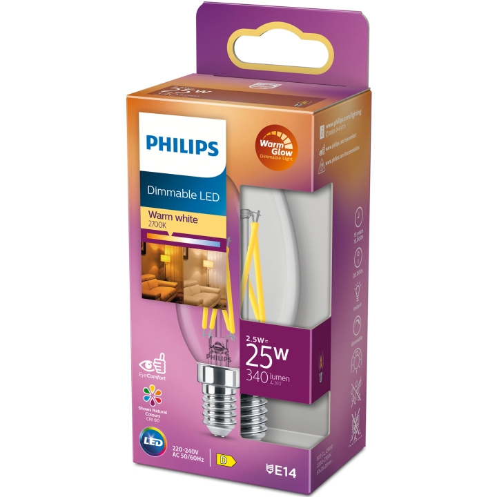 Philips LED E14 Kron 2,5W (25W) Klar Dim WarmGlow 340 ryhmässä KODINELEKTRONIIKKA / Valaistus / LED-lamput @ TP E-commerce Nordic AB (C13209)