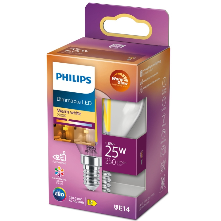 Philips LED E14 Klot 1,8W (25W) Klar Dim WarmGlow 250 ryhmässä KODINELEKTRONIIKKA / Valaistus / LED-lamput @ TP E-commerce Nordic AB (C13210)