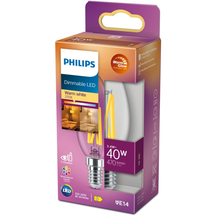 Philips LED E14 Kron 3,4W (40W) Klar Dim WarmGlow 470 ryhmässä KODINELEKTRONIIKKA / Valaistus / LED-lamput @ TP E-commerce Nordic AB (C13211)