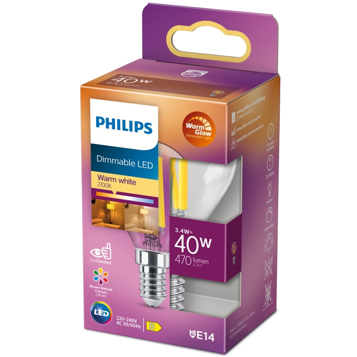 Philips LED E14 Klot 3,4W (40W) Klar Dim WarmGlow 470 ryhmässä KODINELEKTRONIIKKA / Valaistus / LED-lamput @ TP E-commerce Nordic AB (C13213)