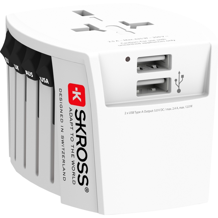 SKROSS World Adapter MUV 2xUSB (2,4A) Vit ryhmässä KOTI, TALOUS JA PUUTARHA / Sähkö & Valaistus / Matkasovittimet @ TP E-commerce Nordic AB (C15291)