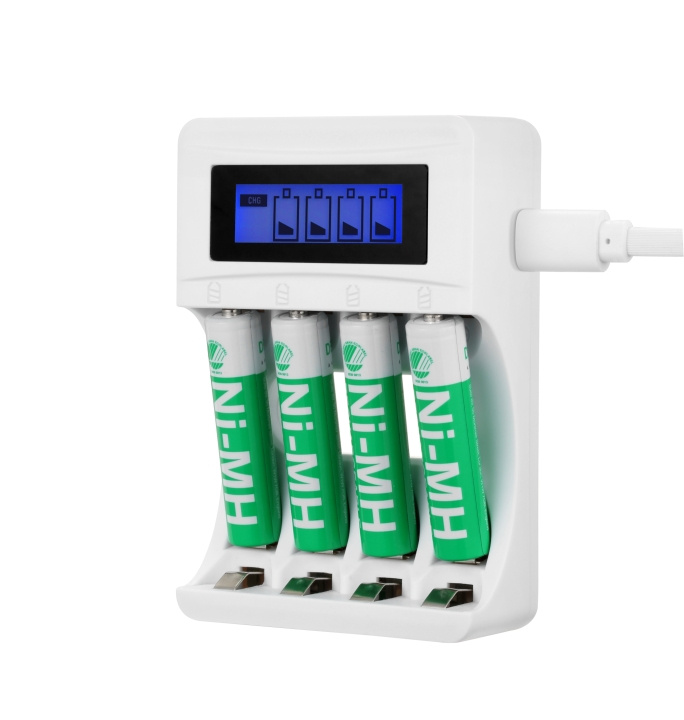 DELTACO Ultimate Ni-Mh USB charger with 4 x AAA batteries ryhmässä KODINELEKTRONIIKKA / Paristot & Laturit / Paristolaturi @ TP E-commerce Nordic AB (C16328)