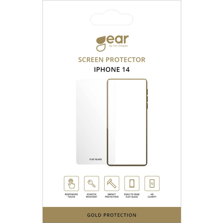 GEAR Glass Prot. Flat Case Friendly 2.5D GOLD iPhone 13 / 13 Pro / 14 ryhmässä ÄLYPUHELIMET JA TABLETIT / Puhelimen suojakotelo / Apple / iPhone 14 @ TP E-commerce Nordic AB (C17091)