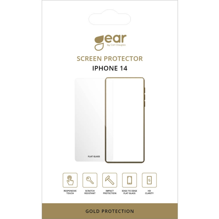 Gear Glass Prot. Flat Case Friendly 2.5D GOLD iPhone 13/13 PRO/14/16E ryhmässä ÄLYPUHELIMET JA TABLETIT / Puhelimen suojakotelo / Apple / iPhone 14 @ TP E-commerce Nordic AB (C17091)
