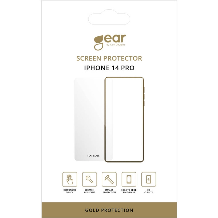 GEAR Glass Prot. Flat Case Friendly 2.5D GOLD iPhone 14 Pro ryhmässä ÄLYPUHELIMET JA TABLETIT / Puhelimen suojakotelo / Apple / iPhone 14 @ TP E-commerce Nordic AB (C17092)