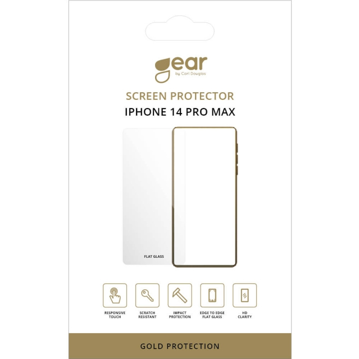 GEAR Glass Prot. Flat Case Friendly 2.5D GOLD iPhone 14 Pro Max ryhmässä ÄLYPUHELIMET JA TABLETIT / Puhelimen suojakotelo / Apple / iPhone 14 @ TP E-commerce Nordic AB (C17093)