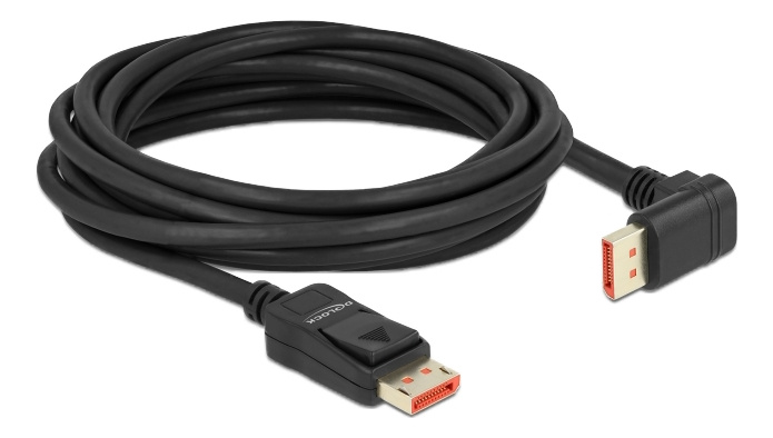 Delock DisplayPort cable male straight to male 90° downwards angled 8K 60Hz 5m, svart ryhmässä TIETOKOONET & TARVIKKEET / Kaapelit & Sovittimet / DisplayPort / Kaapelit @ TP E-commerce Nordic AB (C17829)