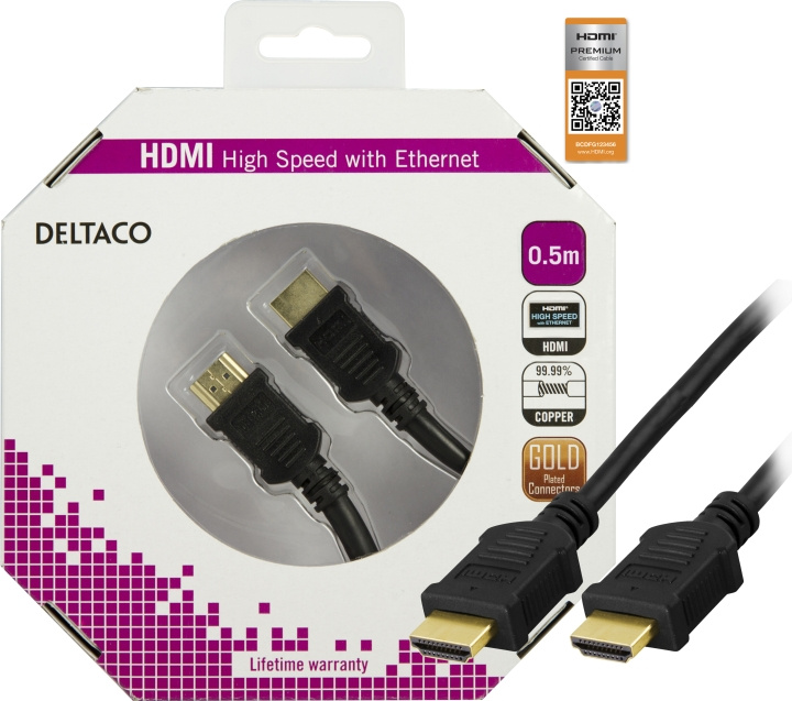 DELTACO HDMI-kaapeli, v1.4+Ethernet, 19-pin ur-ur, 1080p,musta, 0,5m ryhmässä KODINELEKTRONIIKKA / Kaapelit & Sovittimet / HDMI / Kaapelit @ TP E-commerce Nordic AB (C17894)