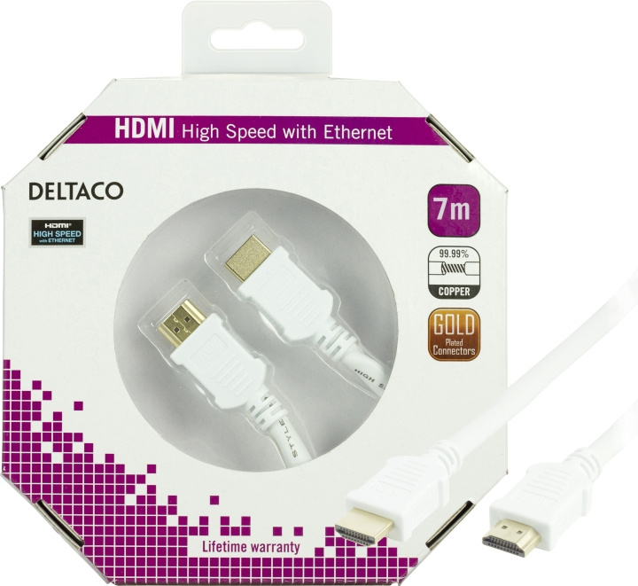 DELTACO HDMI-kaapeli, v1.4+Ethernet,19-pin u-u, 1080p, valkoinen, 7m ryhmässä KODINELEKTRONIIKKA / Kaapelit & Sovittimet / HDMI / Kaapelit @ TP E-commerce Nordic AB (C17903)