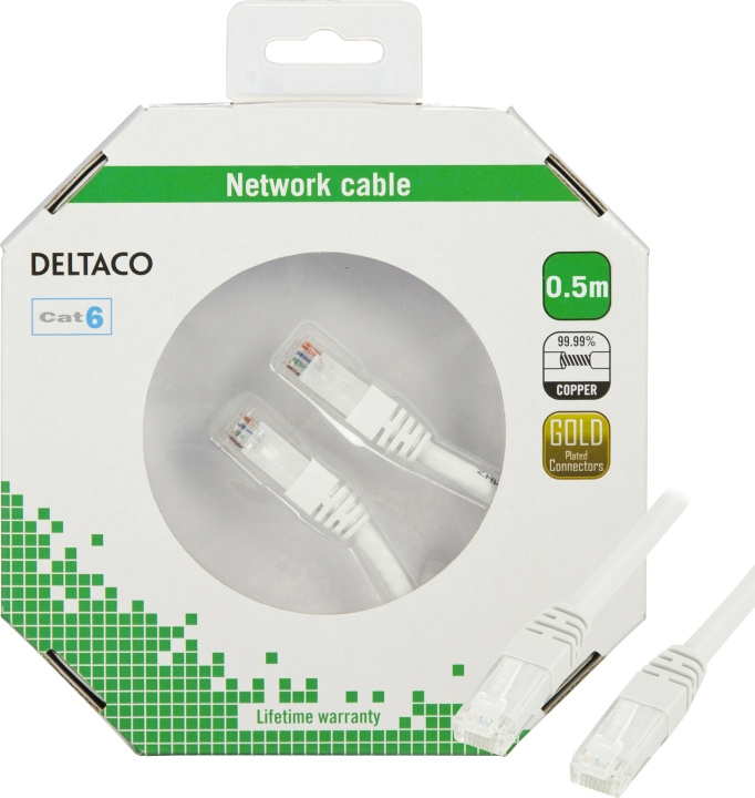 DELTACO U/UTP Cat6 laitekaapeli, 0.5m, valkoinen ryhmässä TIETOKOONET & TARVIKKEET / Kaapelit & Sovittimet / Verkko / Cat6 @ TP E-commerce Nordic AB (C18164)